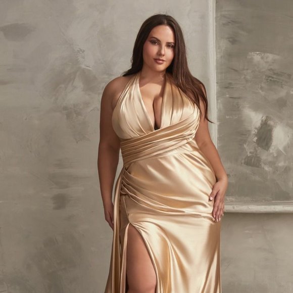 NEW LONG SLEEVELESS SHEATH SATIN DRESS WITH LEG SLIT AND...